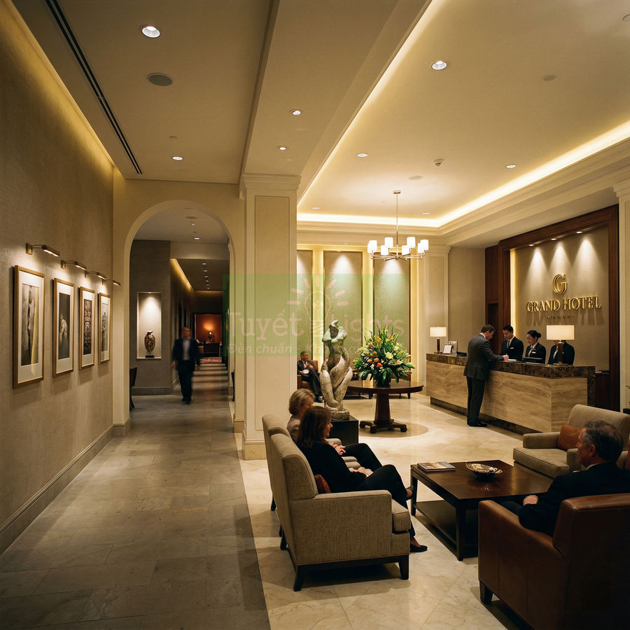 Sảnh lễ tân khách sạn Grand Hotel sang trọng với quầy tiếp tân, ghế sofa và ánh sáng ấm áp