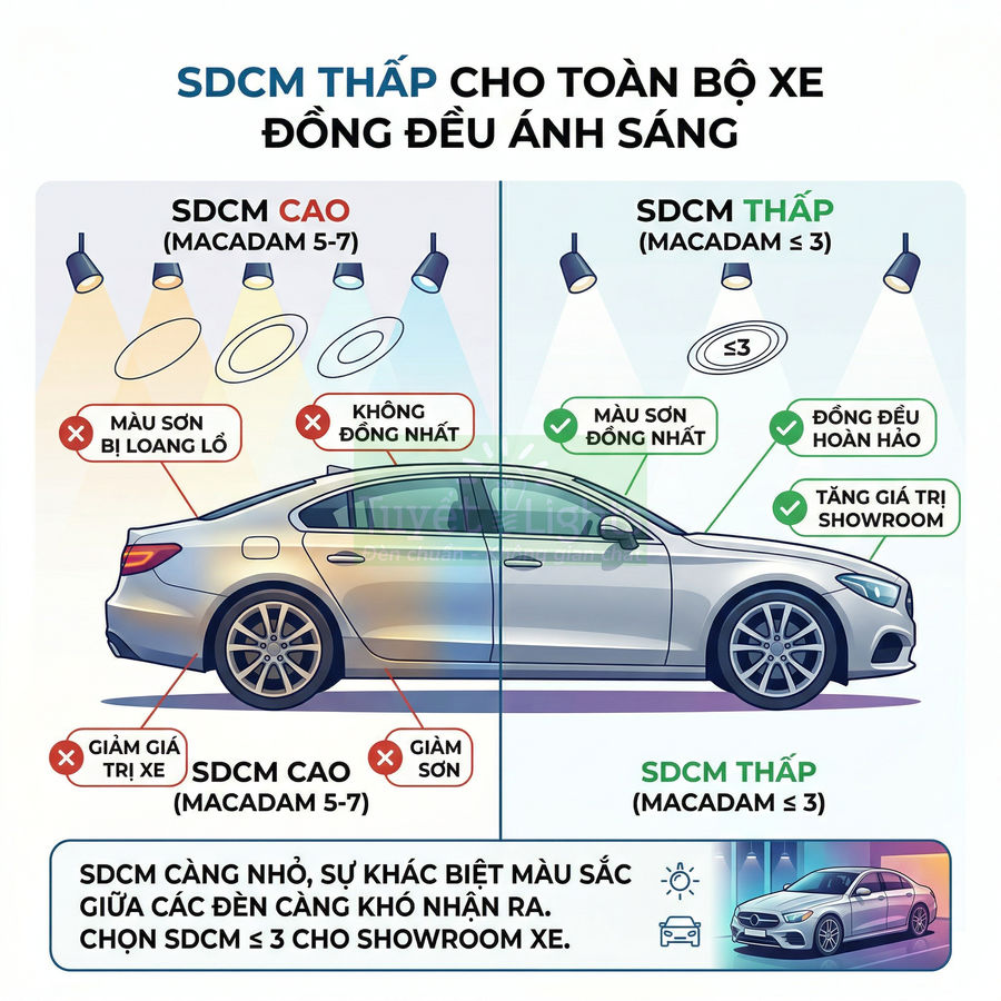 So sánh ánh sáng SDCM cao và thấp chiếu lên ô tô trong showroom, minh họa độ đồng đều màu sơn xe
