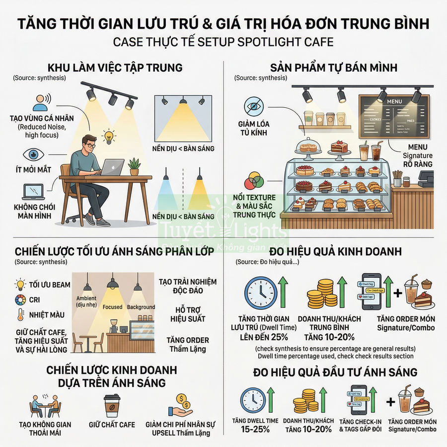 Infographic chiến lược setup ánh sáng spotlight cho quán cafe tăng thời gian lưu trú và giá trị hóa đơn