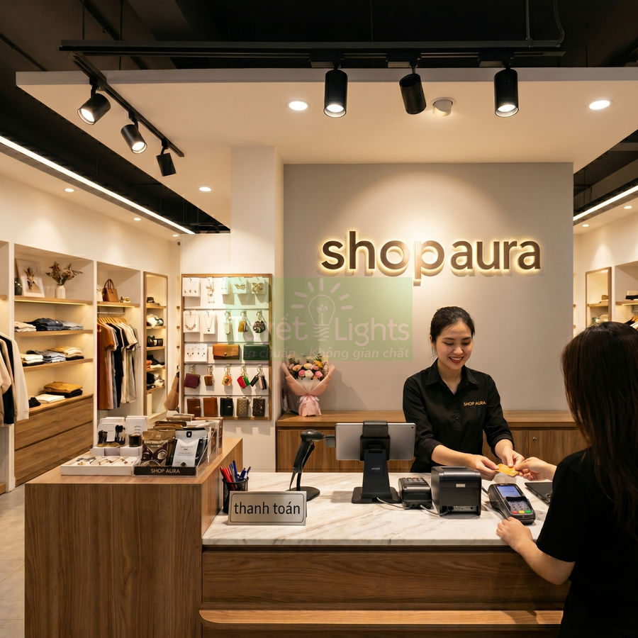 Quầy thanh toán shop Aura với nhân viên đang hỗ trợ khách mua sắm quần áo và phụ kiện thời trang
