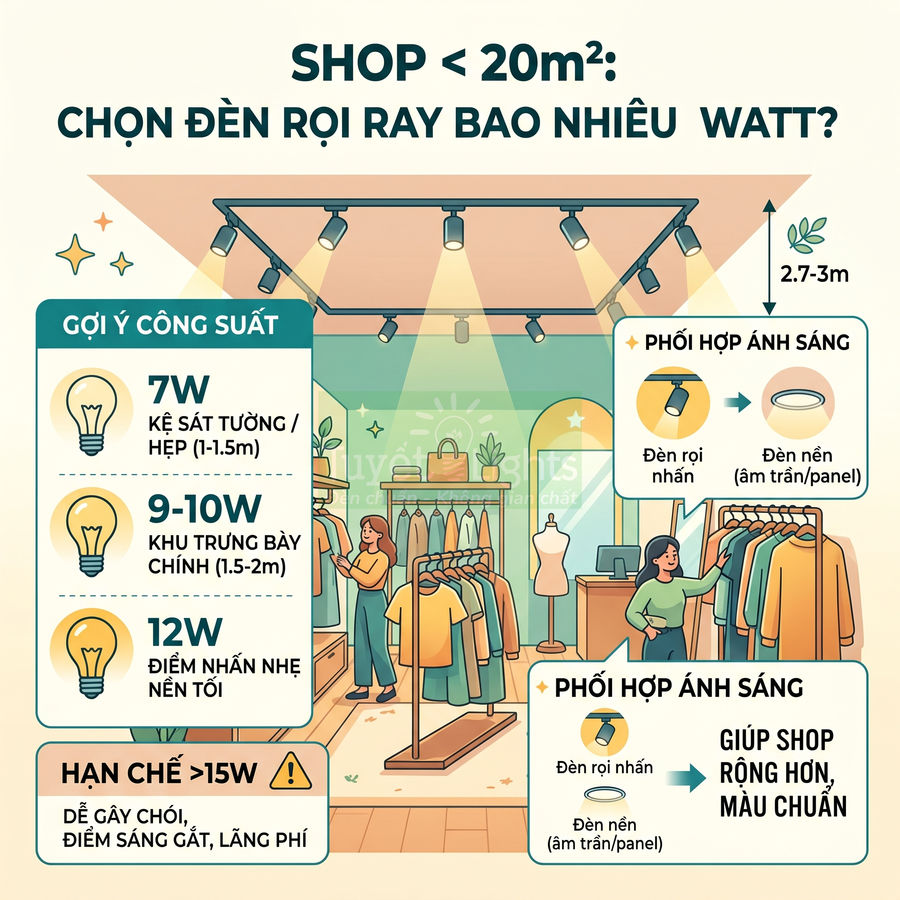 Hướng dẫn chọn đèn rọi ray LED cho shop thời trang dưới 20m2 với gợi ý công suất và cách phối ánh sáng