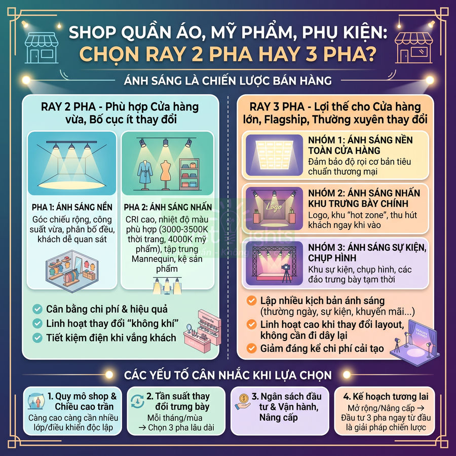 Infographic so sánh hệ thống đèn ray 2 pha và 3 pha cho shop quần áo, mỹ phẩm, phụ kiện