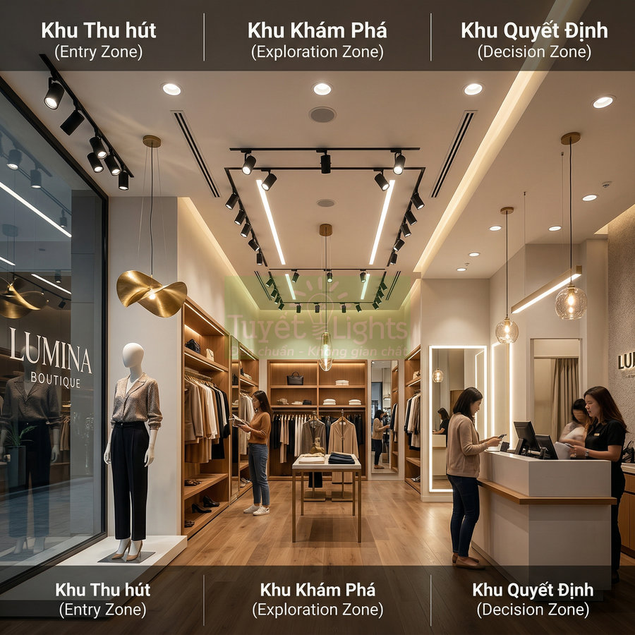 Cửa hàng thời trang Lumina Boutique với hệ thống đèn trần hiện đại chiếu sáng các khu trưng bày quần áo