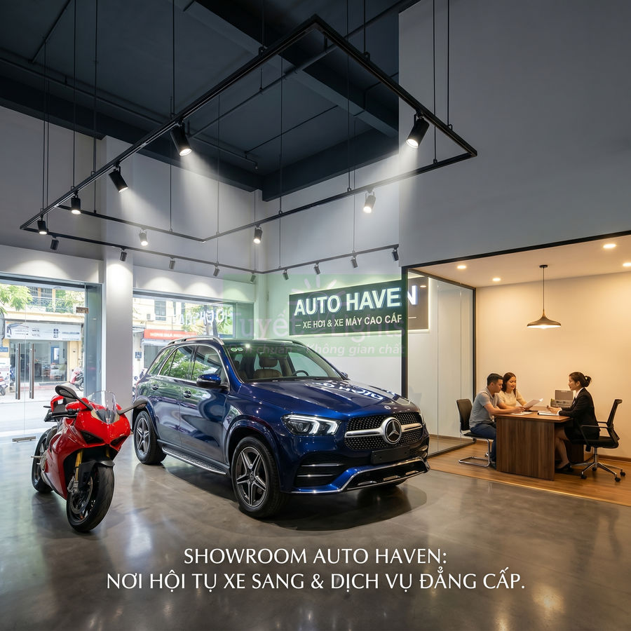 Showroom Auto Haven trưng bày xe Mercedes SUV màu xanh và mô tô thể thao đỏ, khách hàng tư vấn mua xe