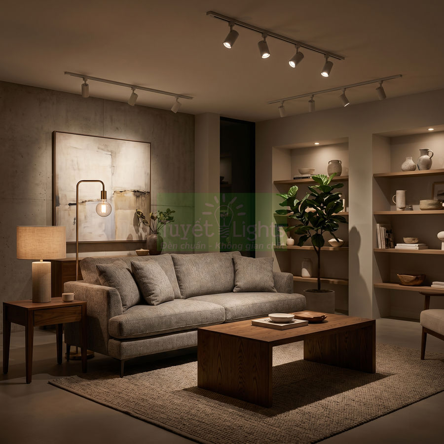 Đèn rọi ray trần chiếu sáng phòng khách hiện đại với sofa xám và bàn gỗ