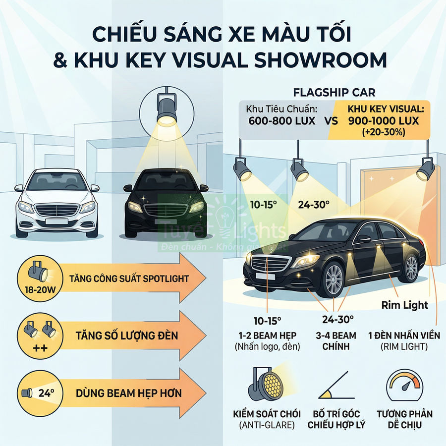 Showroom ô tô Volkswagen trưng bày nhiều xe dưới hệ thống đèn spotlight hiện đại