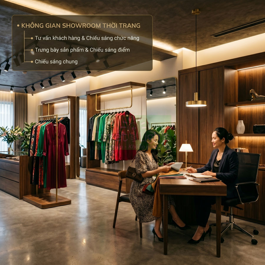 Showroom thời trang cao cấp với kệ treo váy áo nhiều màu và tư vấn viên hỗ trợ khách chọn sản phẩm