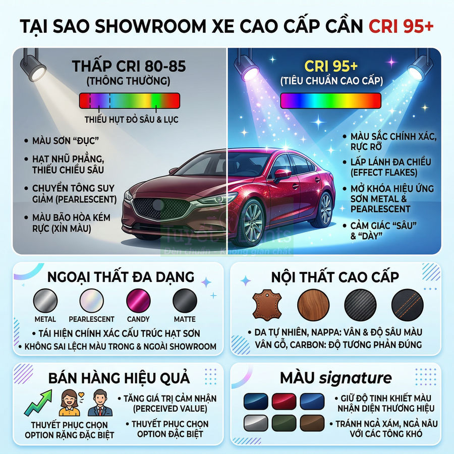 Showroom xe hơi cao cấp với mẫu sedan đỏ nổi bật dưới hệ thống đèn CRI 95+ làm rõ màu sơn và nội thất