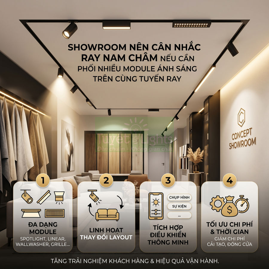 Hệ thống đèn ray nam châm chiếu sáng showroom nội thất hiện đại với nhiều module đèn linh hoạt