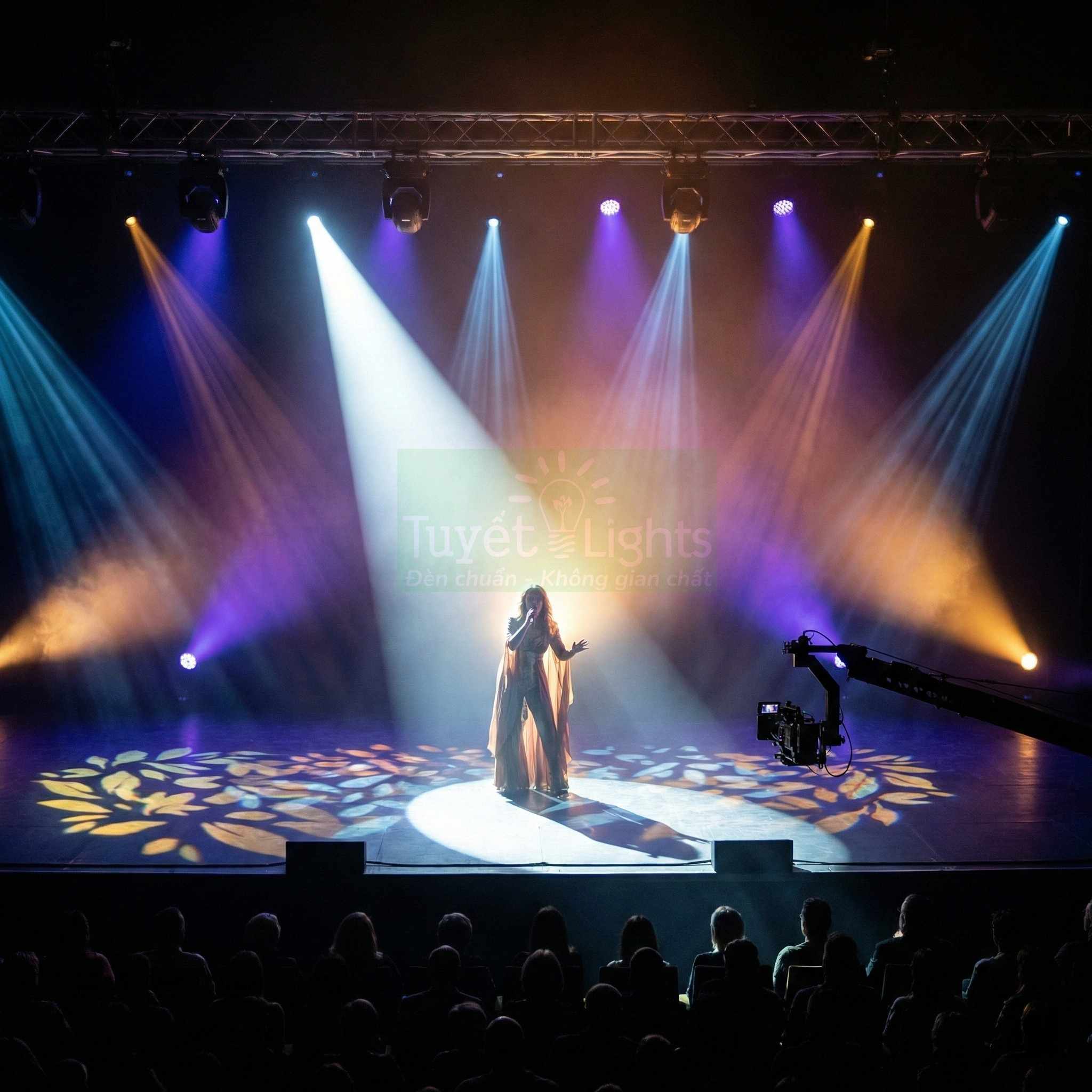 Sân khấu ca nhạc với hệ thống đèn sân khấu Tuyết Lights chiếu sáng ca sĩ biểu diễn trước khán giả
