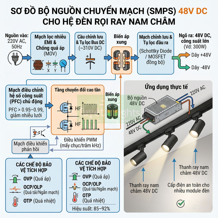 Sơ đồ bộ nguồn chuyển mạch 48V DC cho hệ đèn rọi ray nam châm và cách đấu nối nguồn 220V AC