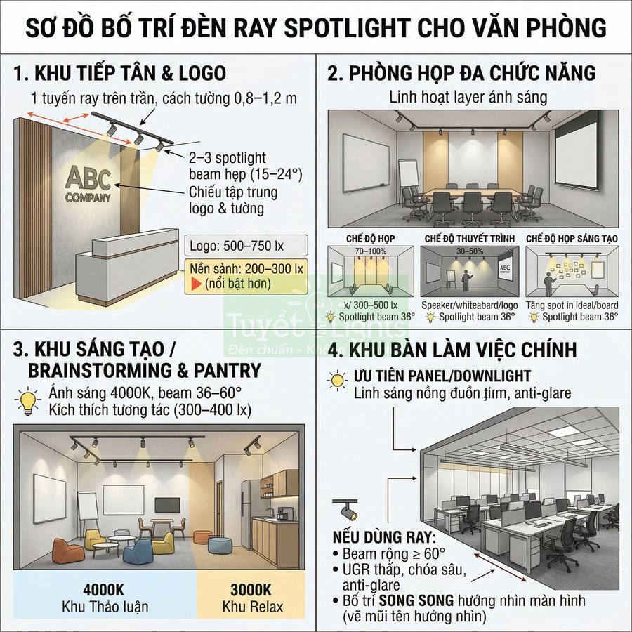 Sơ đồ bố trí đèn ray spotlight cho văn phòng với các khu vực tiếp tân, họp, sáng tạo và bàn làm việc chính