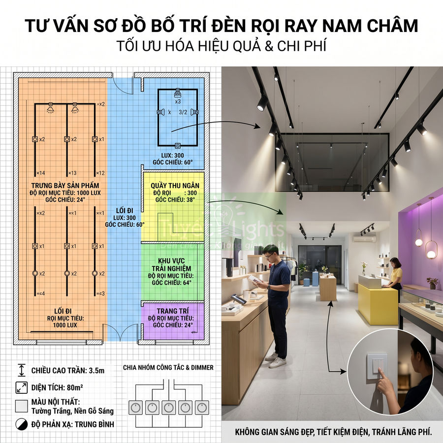 Sơ đồ bố trí và ứng dụng đèn rọi ray nam châm cho cửa hàng trưng bày sản phẩm hiện đại
