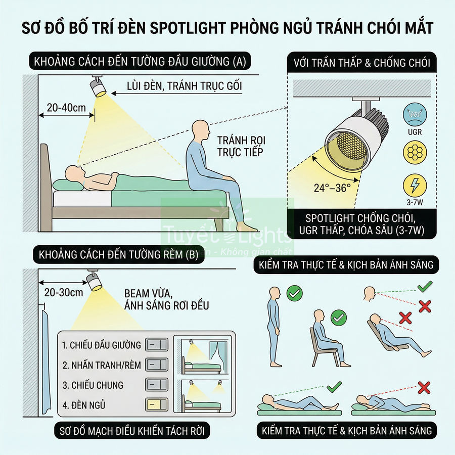 Sơ đồ bố trí đèn spotlight chống chói cho phòng ngủ với khoảng cách và góc chiếu hợp lý