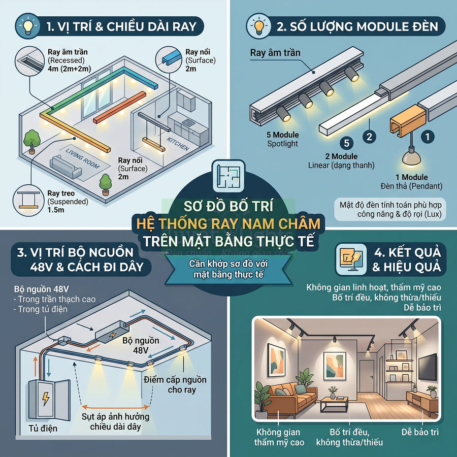 Sơ đồ bố trí hệ thống đèn ray nam châm 48V cho phòng khách và bếp trong căn hộ hiện đại