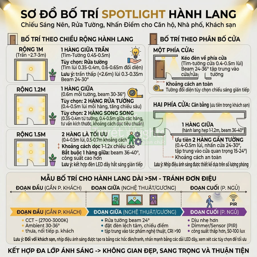 Sơ đồ hướng dẫn bố trí đèn spotlight chiếu sáng hành lang căn hộ nhà phố khách sạn