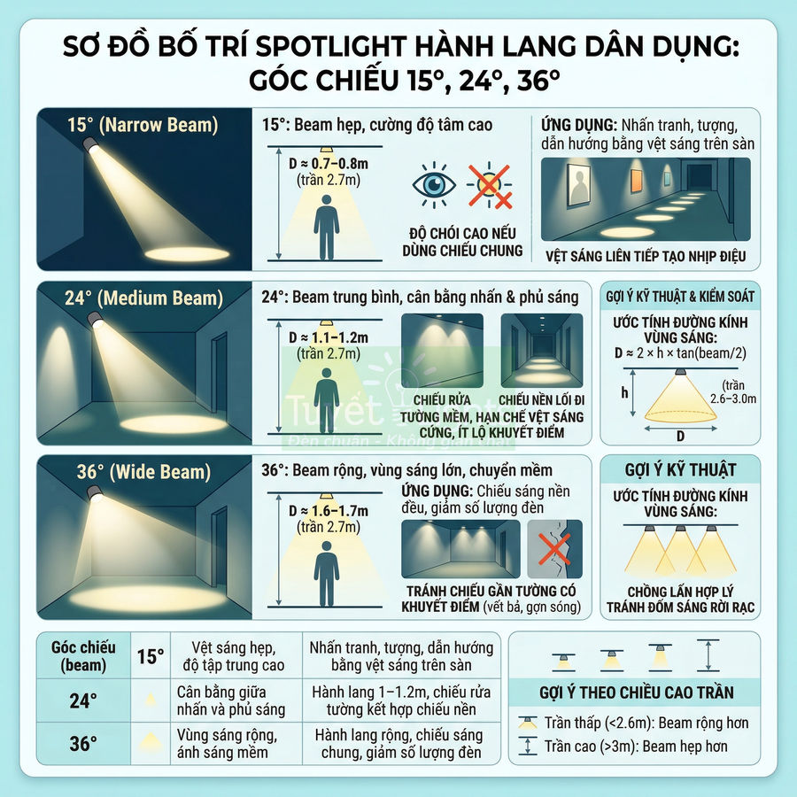 Sơ đồ bố trí đèn spotlight hành lang dân dụng với các góc chiếu 15 24 và 36 độ