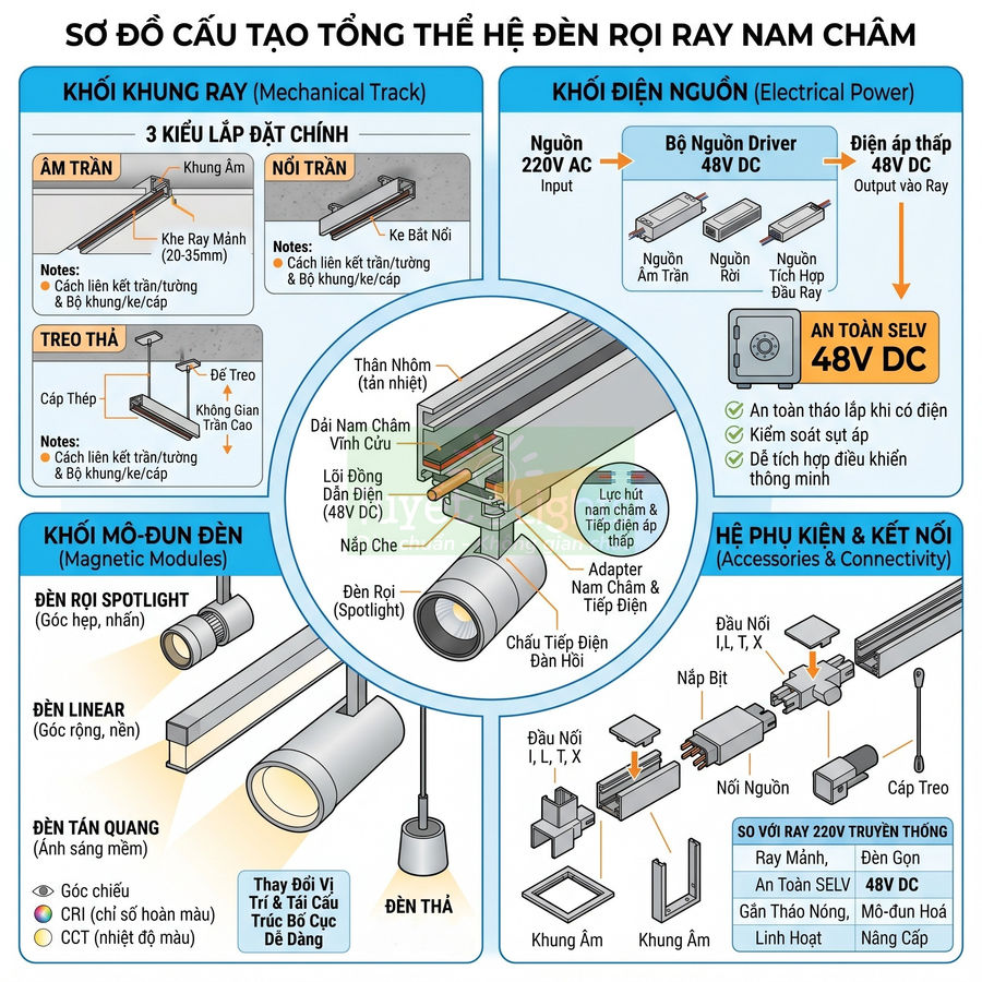 Sơ đồ cấu tạo hệ đèn rọi ray nam châm 48V với khung ray, nguồn điện, mô đun đèn và phụ kiện kết nối