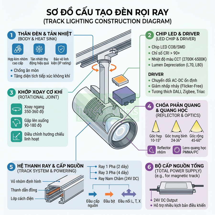 Sơ đồ cấu tạo đèn rọi ray LED với thân đèn, chip LED, chóa phản quang và hệ thanh ray cấp nguồn