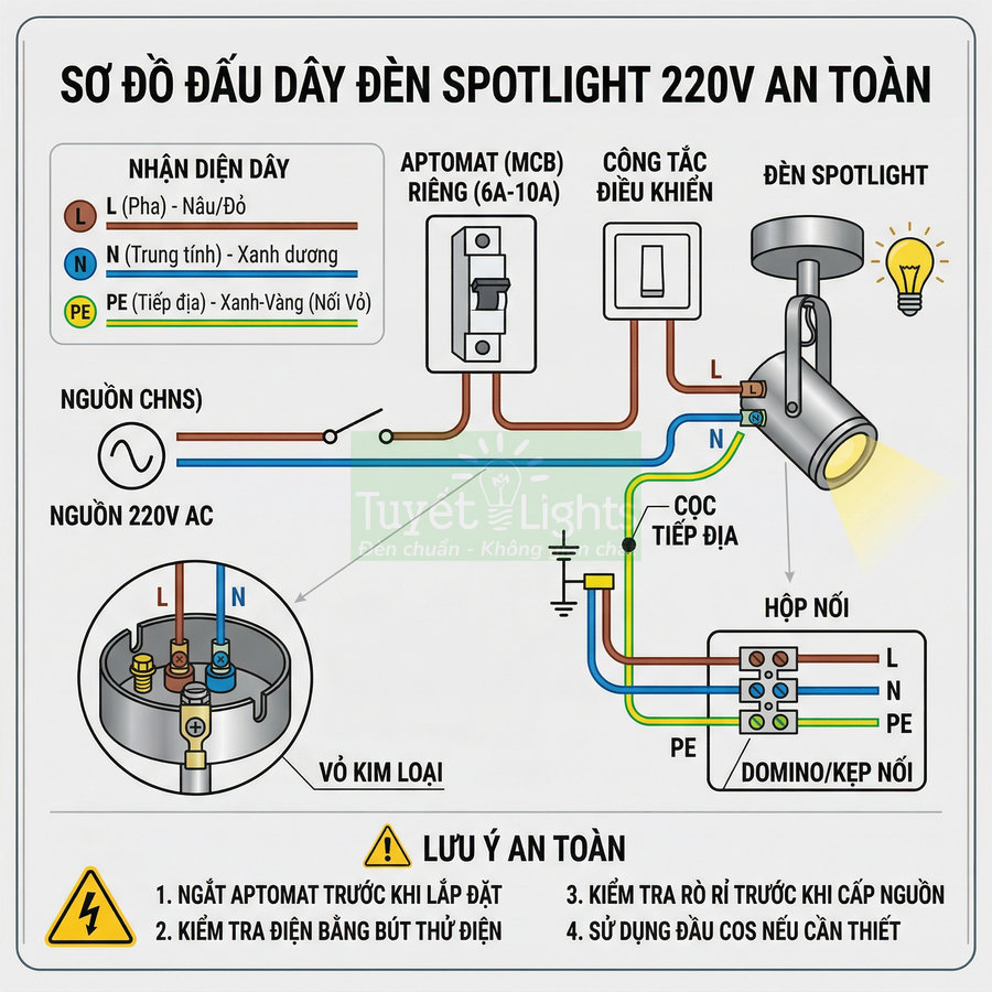Sơ đồ đấu dây đèn spotlight 220V an toàn với aptomat, công tắc điều khiển và hộp nối dây