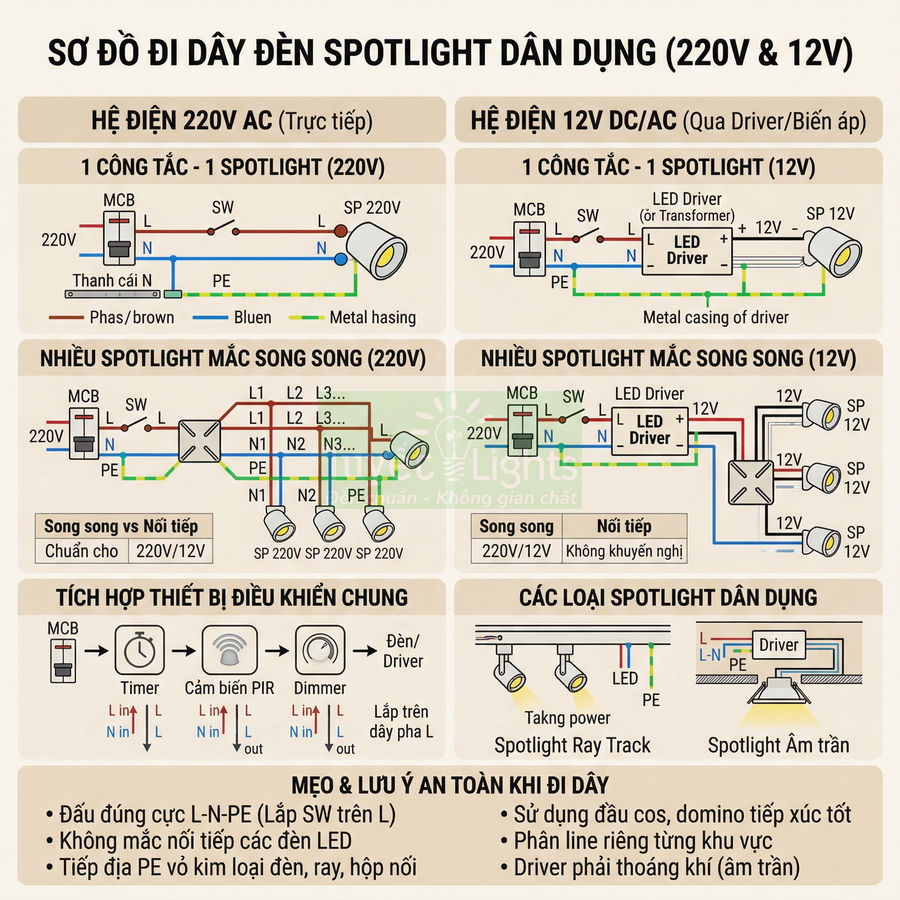 Sơ đồ đi dây đèn spotlight dân dụng 220V và 12V với các cách mắc song song và tích hợp thiết bị điều khiển