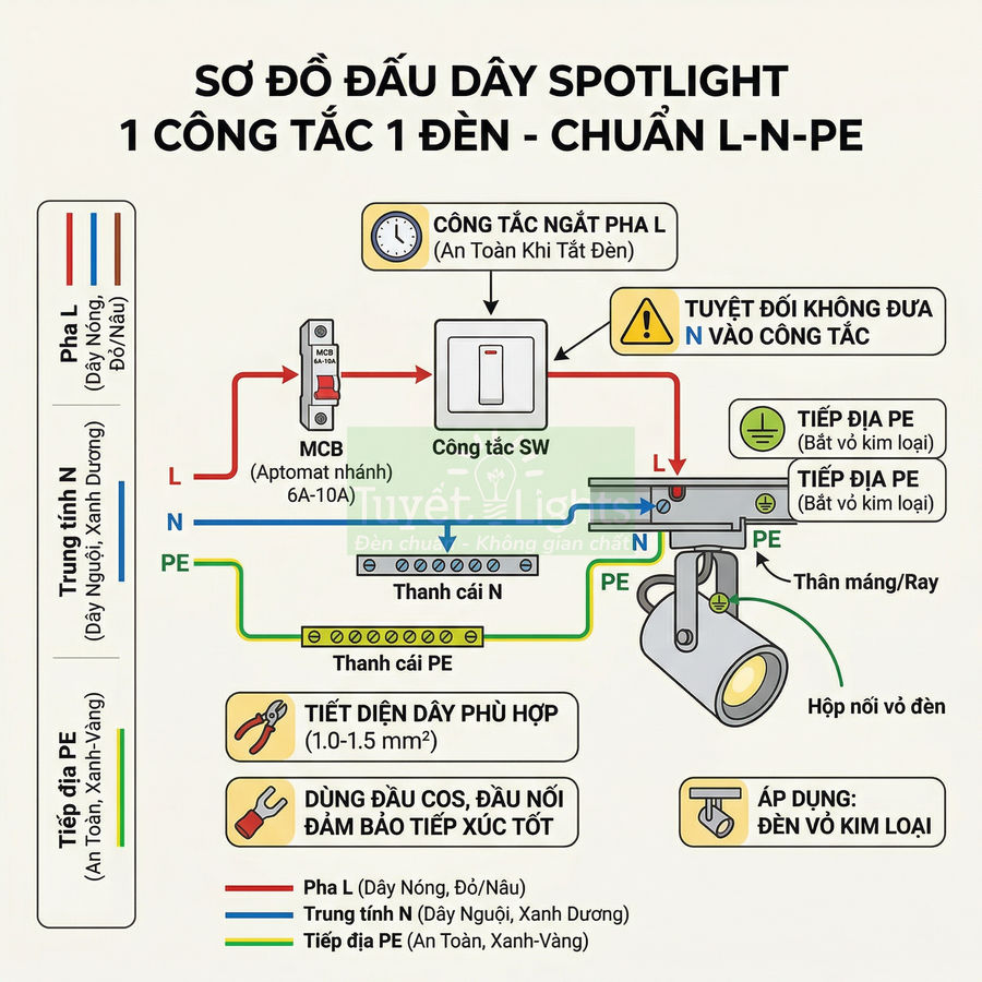 Sơ đồ đấu dây đèn spotlight 1 công tắc 1 đèn chuẩn L N PE cho đèn vỏ kim loại