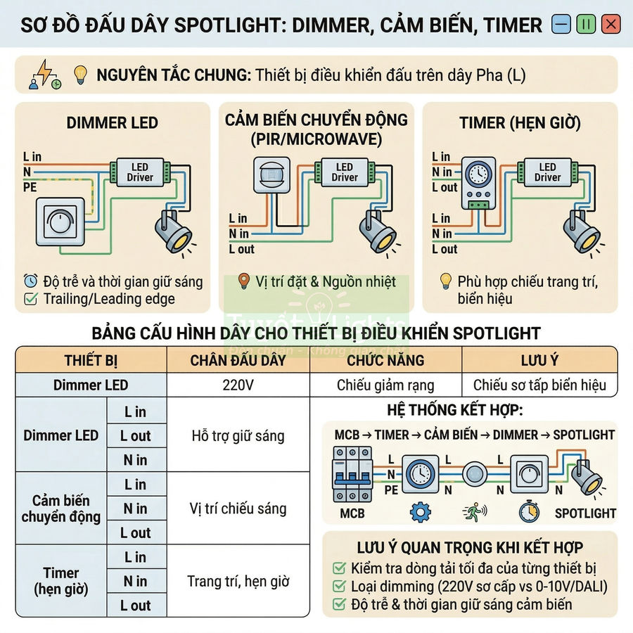 Sơ đồ đấu dây spotlight với dimmer LED, cảm biến chuyển động PIR và timer hẹn giờ điều khiển đèn LED
