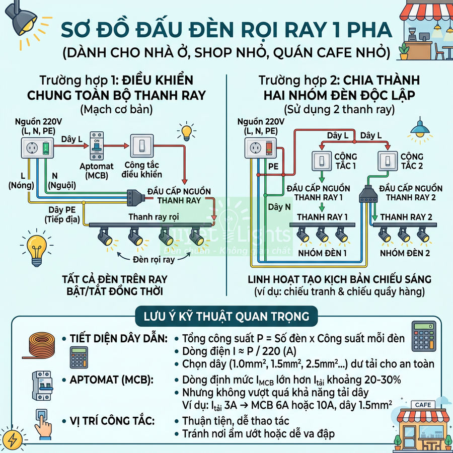 Sơ đồ đấu nối đèn rọi ray 1 pha cho nhà ở, shop nhỏ, quán cafe với hai cách điều khiển nhóm đèn