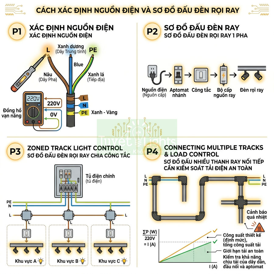 Hướng dẫn sơ đồ đấu nối đèn rọi ray 1 pha, chia khu vực chiếu sáng và kiểm soát tải điện an toàn