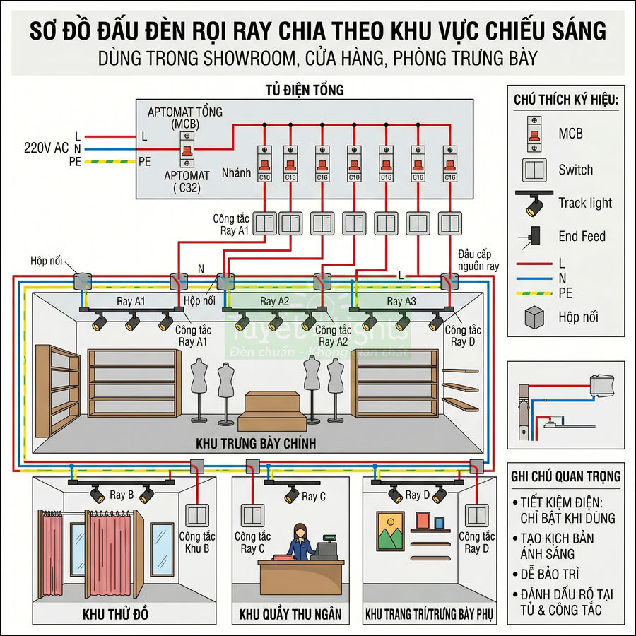 Sơ đồ đấu nối đèn rọi ray cho showroom chia theo khu vực chiếu sáng và công tắc điều khiển riêng