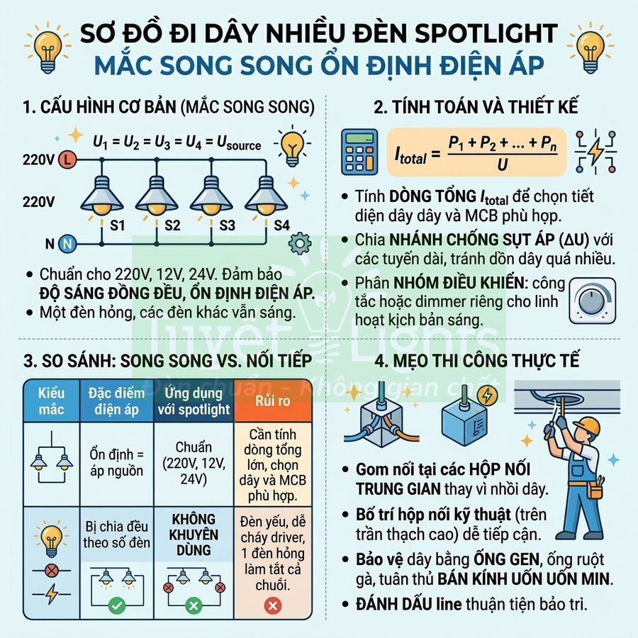 Sơ đồ hướng dẫn đi dây nhiều đèn spotlight mắc song song ổn định điện áp và mẹo thi công an toàn