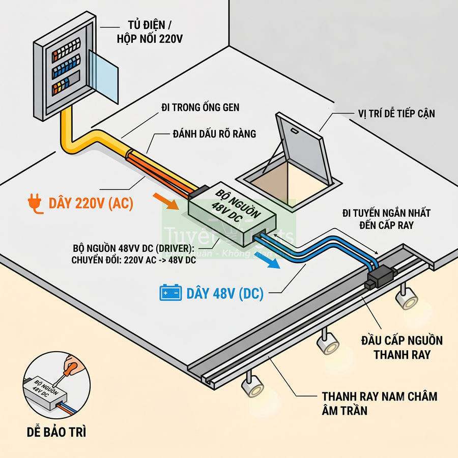 Sơ đồ lắp đặt bộ nguồn 48V DC cho thanh ray nam châm âm trần từ tủ điện 220V