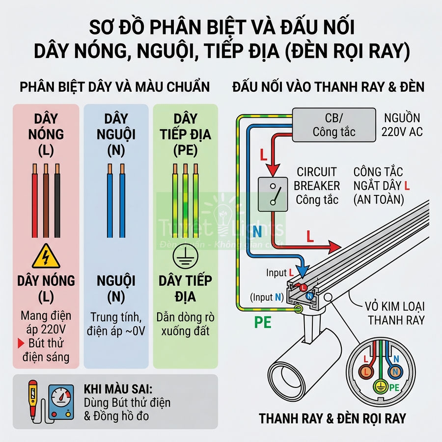 Sơ đồ phân biệt dây nóng nguội tiếp địa và cách đấu nối thanh ray với đèn rọi ray 220V AC