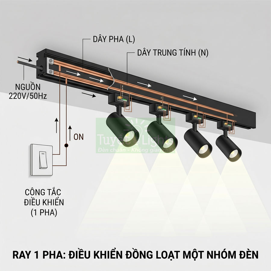 Đèn rọi ray 1 pha màu đen điều khiển đồng loạt bằng công tắc, nguồn điện 220V 50Hz