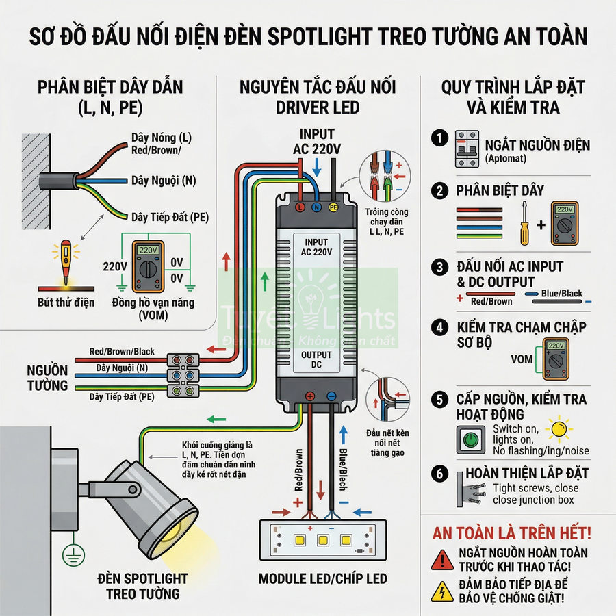 Sơ đồ hướng dẫn đấu nối điện và lắp đặt đèn spotlight LED treo tường an toàn