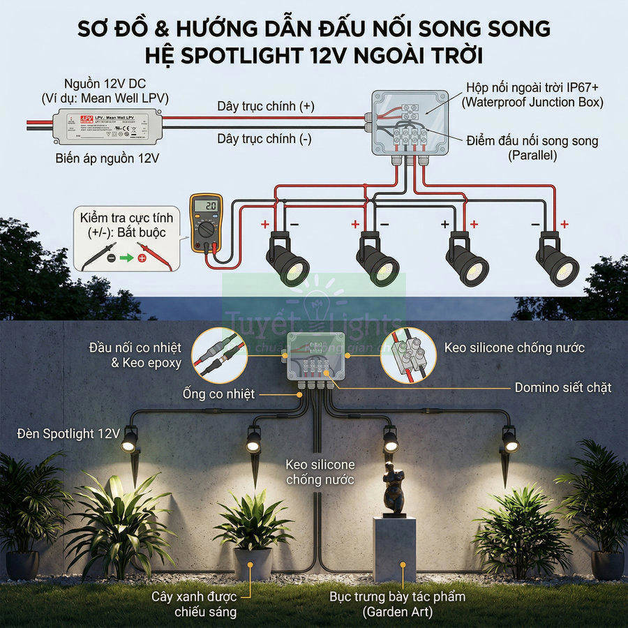 Sơ đồ lắp đặt đèn spotlight 12V ngoài trời chiếu sáng cây xanh và tiểu cảnh tường rào