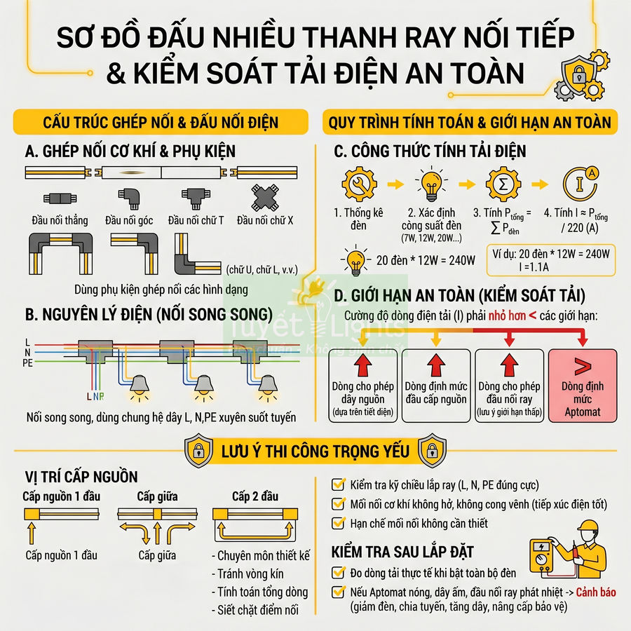 Sơ đồ đấu nhiều thanh ray nối tiếp và kiểm soát tải điện an toàn cho hệ thống đèn chiếu sáng