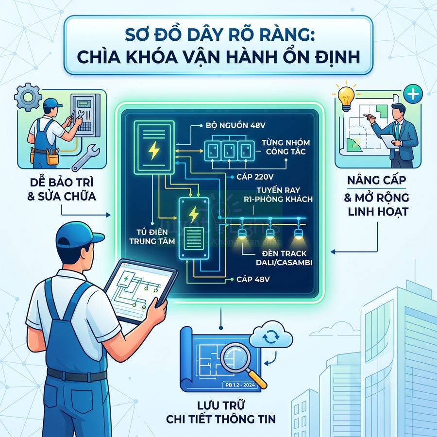 Kỹ sư kiểm tra sơ đồ tủ điện trung tâm với hệ thống dây dẫn 48V rõ ràng, dễ bảo trì và nâng cấp