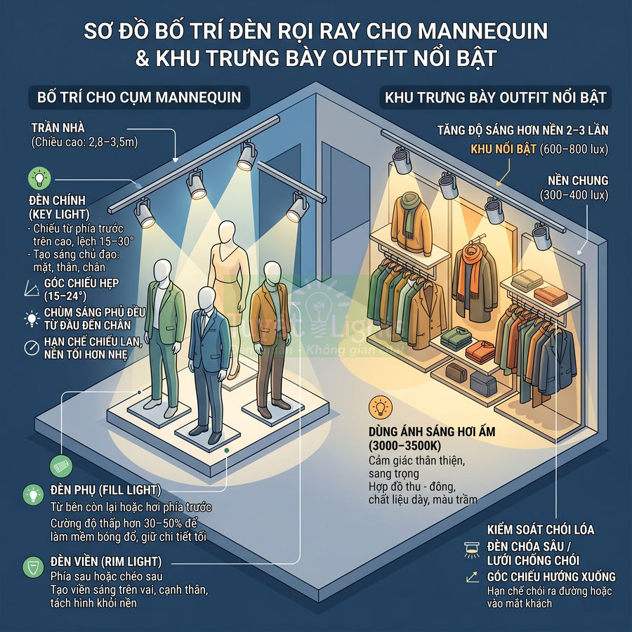 Sơ đồ bố trí đèn rọi ray chiếu mannequin và kệ quần áo giúp làm nổi bật sản phẩm trong cửa hàng thời trang