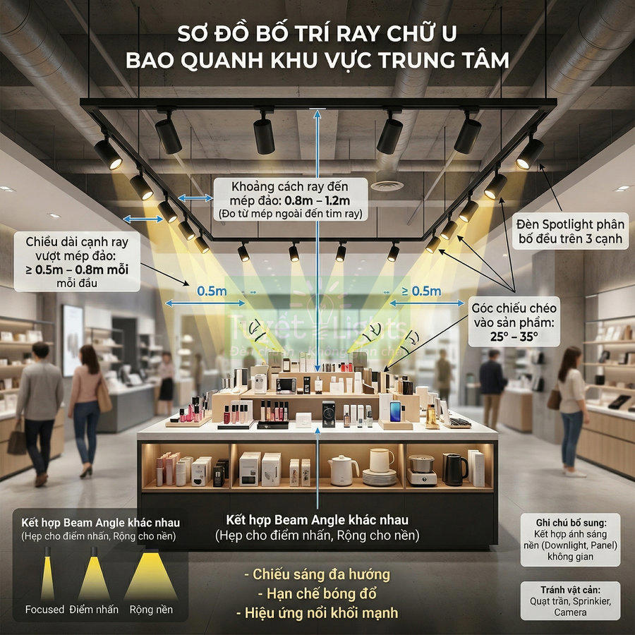Bố trí đèn spotlight ray chữ U chiếu sáng kệ trưng bày sản phẩm điện tử và gia dụng trong cửa hàng hiện đại