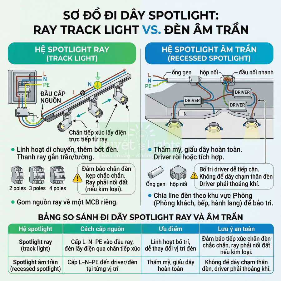 Sơ đồ đi dây hệ đèn spotlight ray track light và đèn spotlight âm trần kèm bảng so sánh ưu nhược điểm