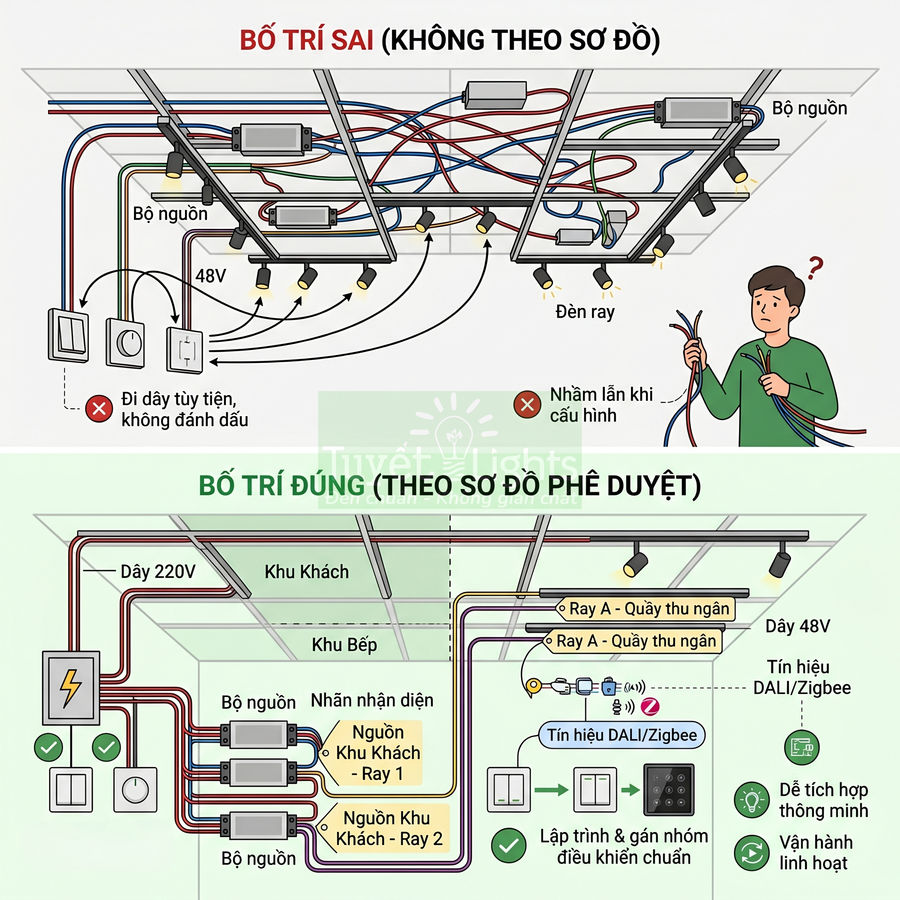 Sơ đồ so sánh bố trí sai và đúng hệ thống đèn ray chiếu sáng trần nhà theo sơ đồ điện chuẩn