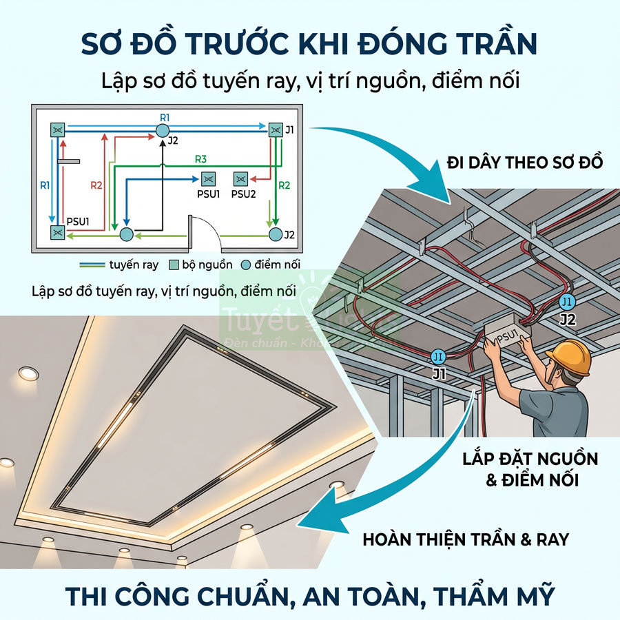 Hướng dẫn lắp đặt ray đèn trần thạch cao từ sơ đồ đi dây, lắp nguồn đến hoàn thiện trần chiếu sáng thẩm mỹ