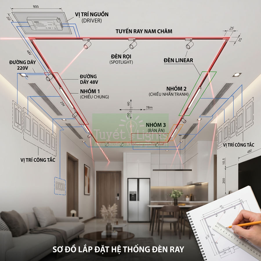 Sơ đồ lắp đặt hệ thống đèn ray nam châm cho trần phòng khách liền bếp hiện đại