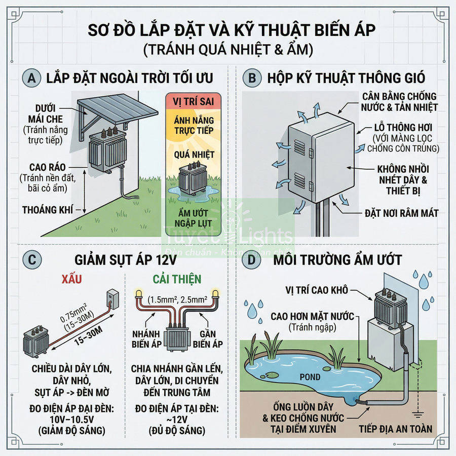 Sơ đồ hướng dẫn lắp đặt biến áp ngoài trời, hộp kỹ thuật thông gió và cách giảm sụt áp 12V