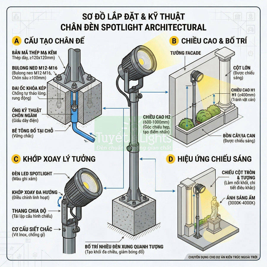 Sơ đồ lắp đặt kỹ thuật chân đèn led spotlight kiến trúc ngoài trời của Tuyết Lights