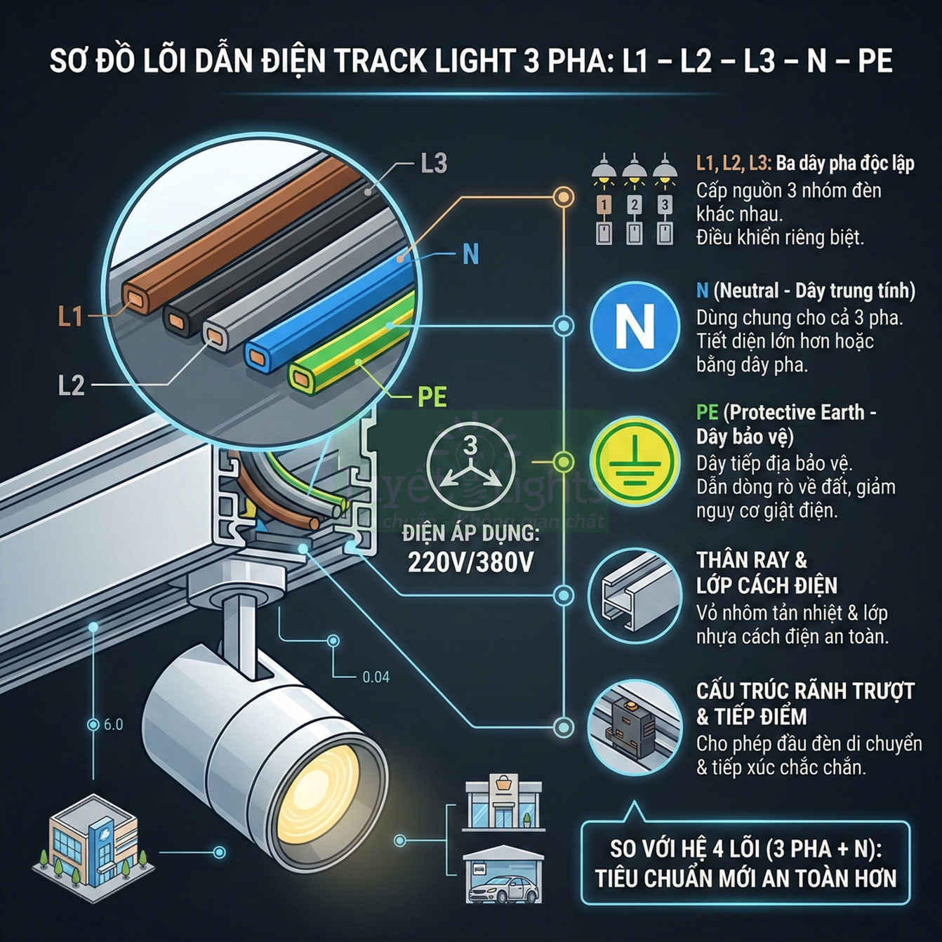 Sơ đồ cấu tạo và đấu dây điện track light 3 pha L1 L2 L3 N PE cho hệ thống đèn rọi ray