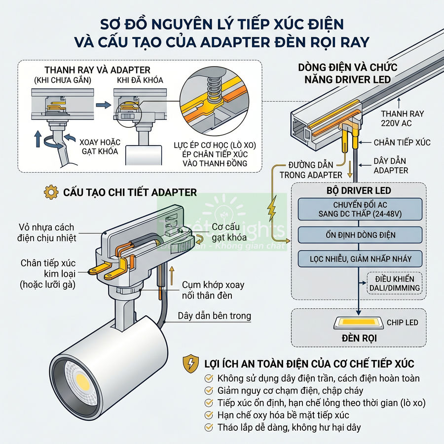 Sơ đồ cấu tạo adapter đèn rọi ray LED và nguyên lý tiếp xúc điện an toàn, chống lỏng tiếp điểm