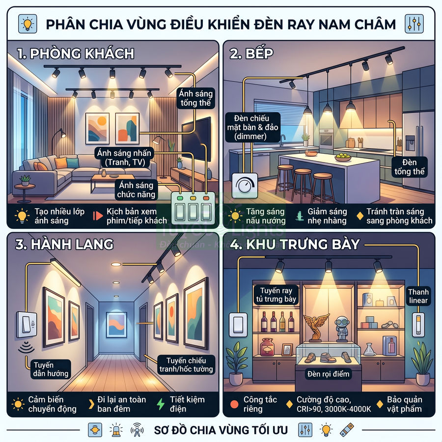 Sơ đồ phân chia vùng điều khiển đèn ray nam châm cho phòng khách, bếp, hành lang và khu trưng bày