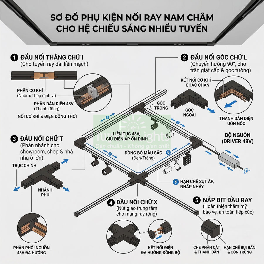 Sơ đồ phụ kiện nối ray nam châm cho hệ chiếu sáng nhiều tuyến với các đầu nối L T X và nắp bịt đầu ray